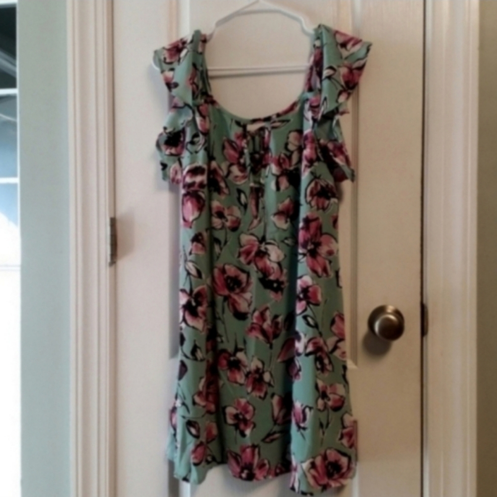 Peach Love California Green & Pink Floral Mini Dress Women's S Cold Shoulder
